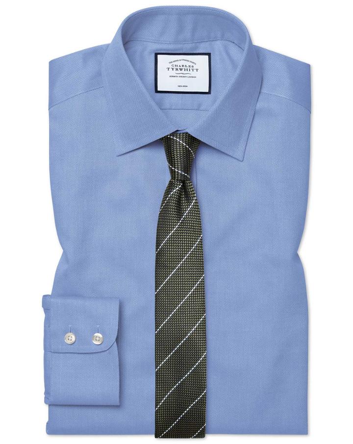  Extra Slim Fit Non-iron Blue Royal Panama Cotton Dress Shirt Single Cuff Size 14.5/33 By Charles Tyrwhitt