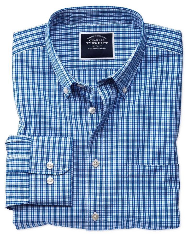  Classic Fit Non-iron Bright Blue Gingham Cotton Casual Shirt Single Cuff Size Medium By Charles Tyrwhitt