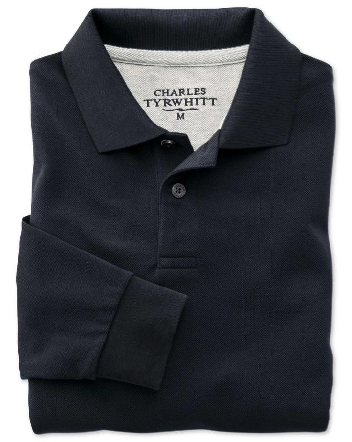 Charles Tyrwhitt Charles Tyrwhitt Navy Pique Long Sleeve Cotton Polo Size Large