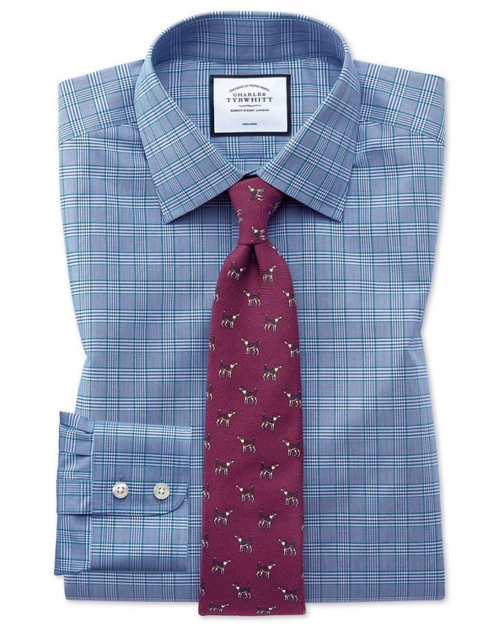  Extra Slim Fit Non-iron Blue And Green Prince Of Wales Check Cotton Dress Shirt Single Cuff Size 14.5/33 By Charles Tyrwhitt