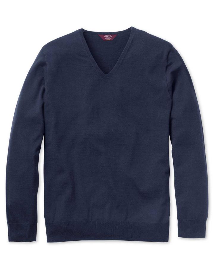  Navy Extrafine Merino Seamless V-neck 100percent Merino Wool Sweater Size Medium By Charles Tyrwhitt