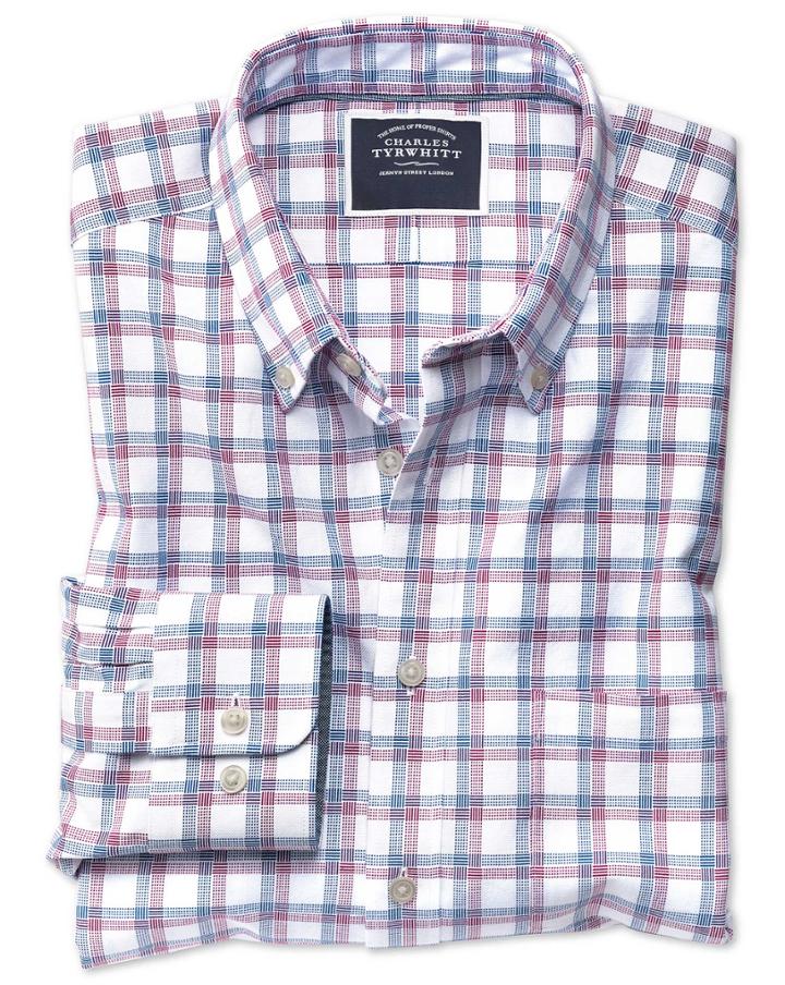  Slim Fit Red And Navy Check Washed Oxford Cotton Casual Shirt Single Cuff Size Medium By Charles Tyrwhitt