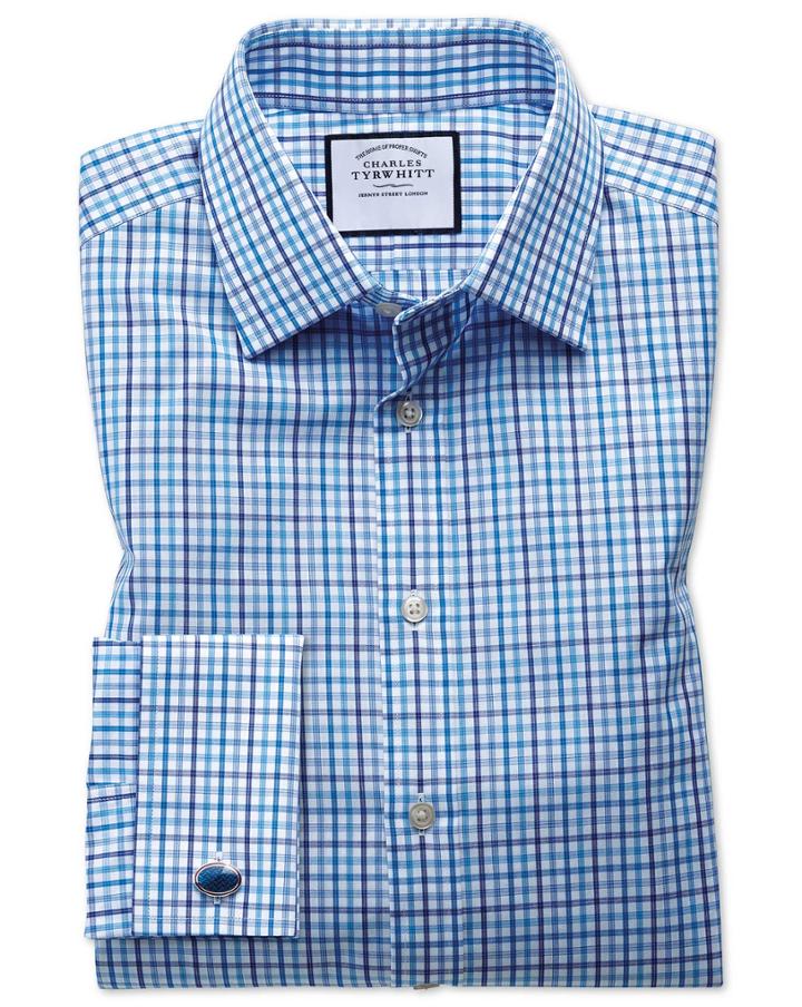 Charles Tyrwhitt Classic Fit Poplin Multi Blue Check Cotton Dress Shirt Single Cuff Size 15.5/33 By Charles Tyrwhitt