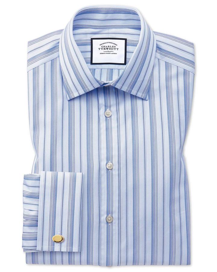  Classic Fit Sky Blue Multi Stripe Egyptian Cotton Dress Shirt French Cuff Size 15/33 By Charles Tyrwhitt