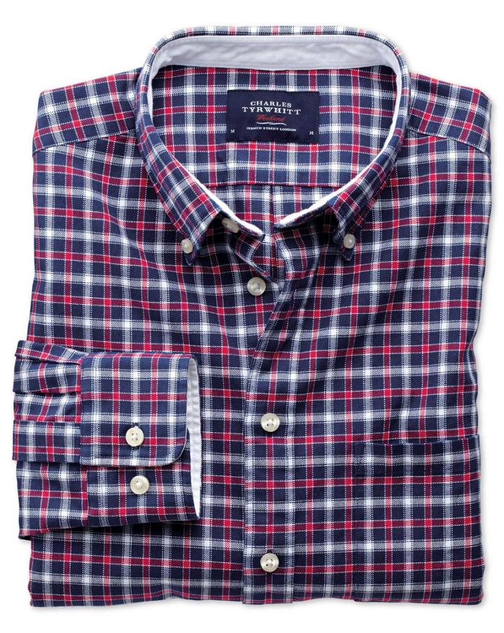 Charles Tyrwhitt Charles Tyrwhitt Slim Fit Blue And Red Check Washed Oxford Cotton Dress Shirt Size Xs