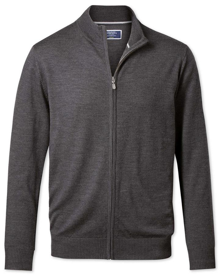  Charcoal Merino Wool Zip Front Cardigan Size Large By Charles Tyrwhitt