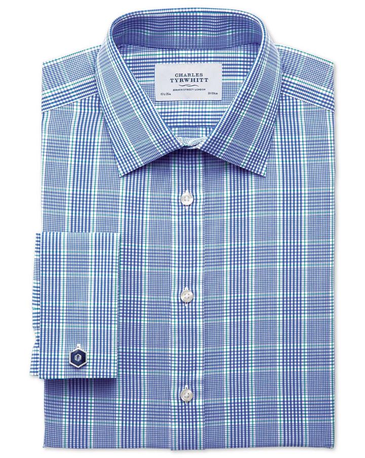 Charles Tyrwhitt Charles Tyrwhitt Classic Fit Prince Of Wales Check Blue And Green Cotton Dress Shirt Size 15/33