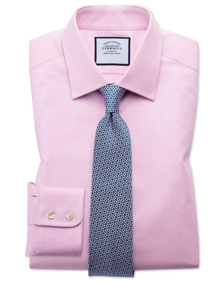  Classic Fit Egyptian Cotton Trellis Weave Pink Dress Shirt Single Cuff Size 15.5/33 By Charles Tyrwhitt