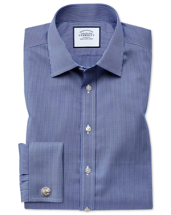 Charles Tyrwhitt Classic Fit Non-iron Puppytooth Royal Blue Cotton Dress Shirt French Cuff Size 15/33 By Charles Tyrwhitt
