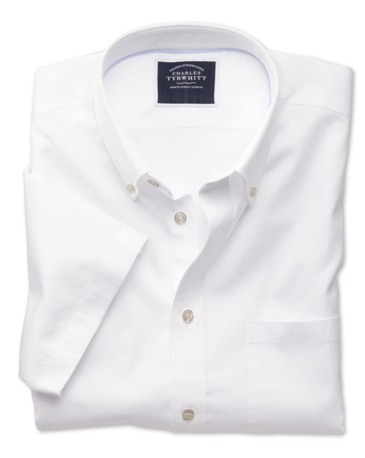  Classic Fit White Washed Oxford Short Sleeve Cotton Casual Shirt Single Cuff Size Large By Charles Tyrwhitt