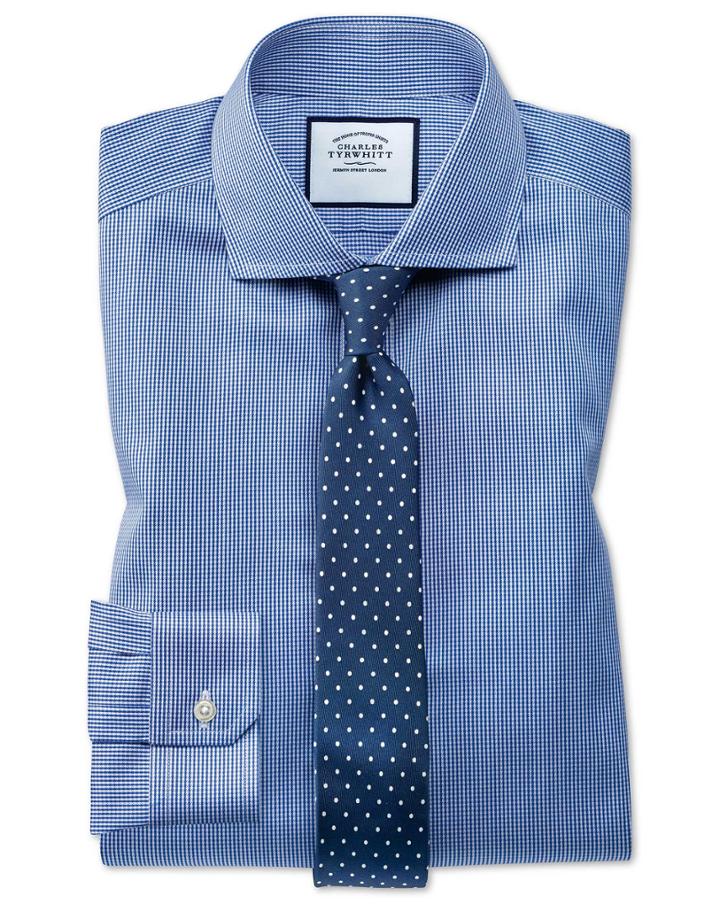 Charles Tyrwhitt Super Slim Fit Spread Collar Non-iron Puppytooth Royal Blue Cotton Dress Shirt Single Cuff Size 14.5/33 By Charles Tyrwhitt