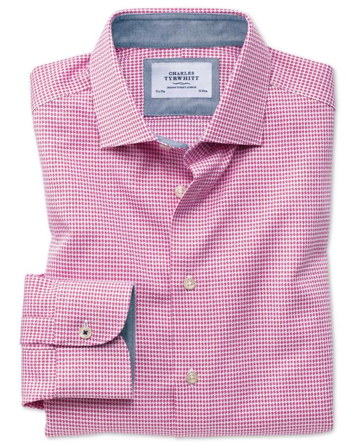 Charles Tyrwhitt Extra Slim Fit Semi-spread Collar Business Casual Non-iron Pink Puppytooth Cotton Dress Shirt Single Cuff Size 14.5/33 By Charles Tyrwhitt