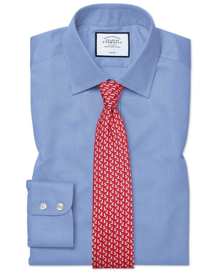  Slim Fit Non-iron Blue Royal Panama Cotton Dress Shirt Single Cuff Size 14.5/33 By Charles Tyrwhitt