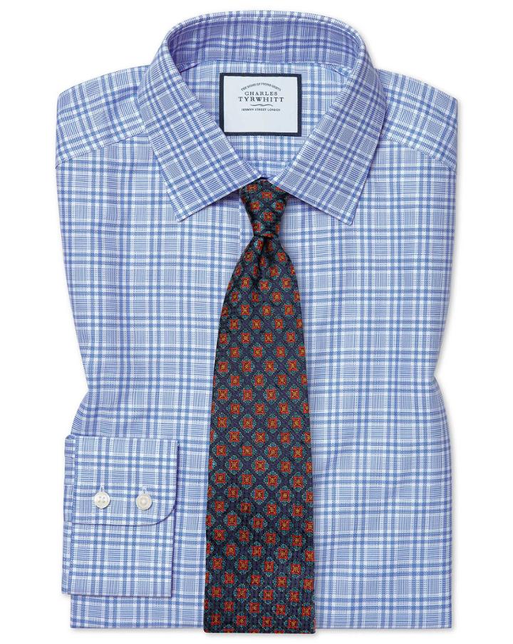  Classic Fit Brushed-back Basketweave Blue Check Cotton Dress Shirt Single Cuff Size 15.5/33 By Charles Tyrwhitt