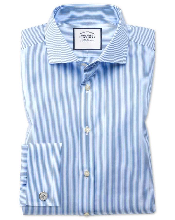 Charles Tyrwhitt Slim Fit Spread Collar Non-iron Bengal Stripe Sky Blue Cotton Dress Shirt Single Cuff Size 14.5/32 By Charles Tyrwhitt