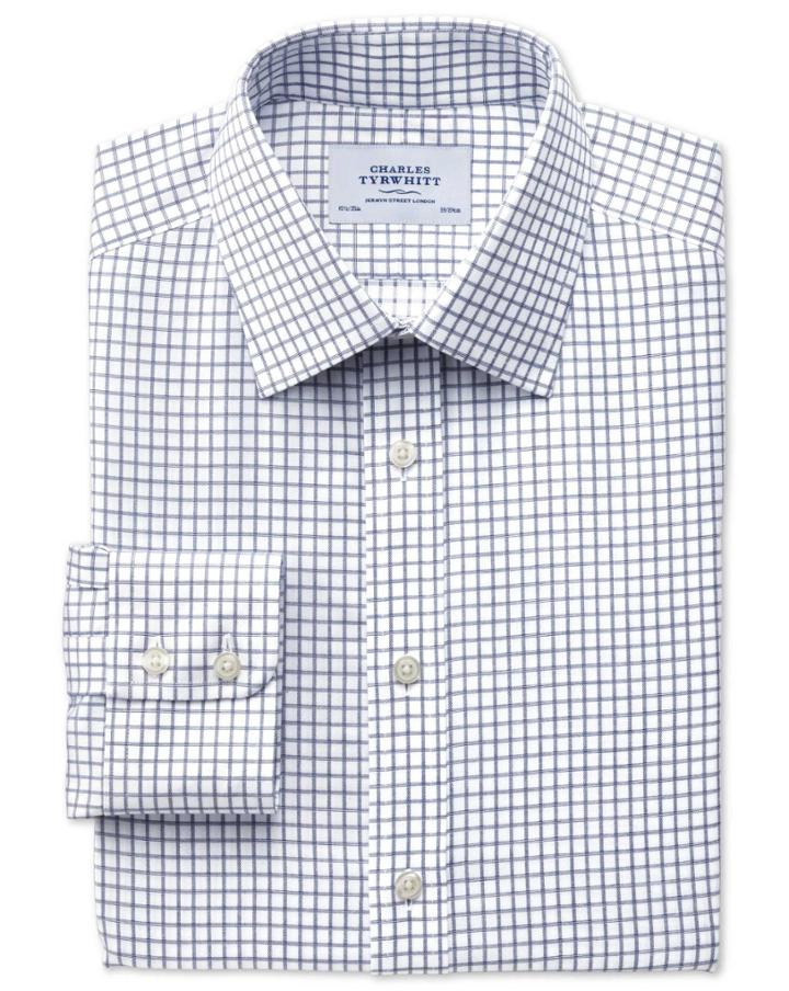 Charles Tyrwhitt Classic Fit Non-iron Windowpane Check Indigo Cotton Dress Shirt Single Cuff Size 16/38 By Charles Tyrwhitt