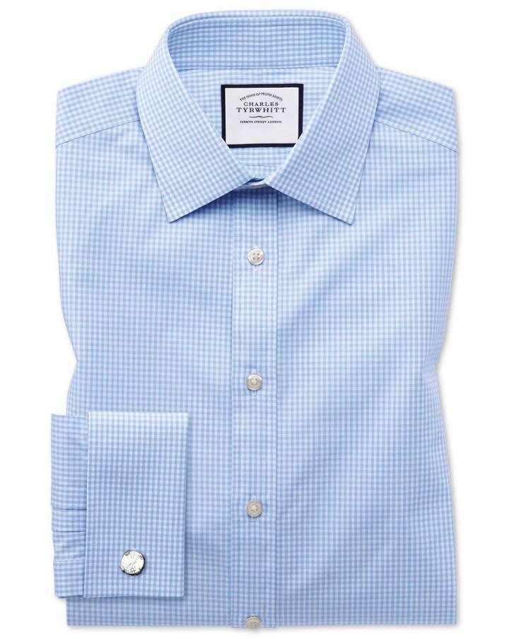  Extra Slim Fit Light Sky Blue Small Gingham Cotton Dress Shirt French Cuff Size 15/34 By Charles Tyrwhitt