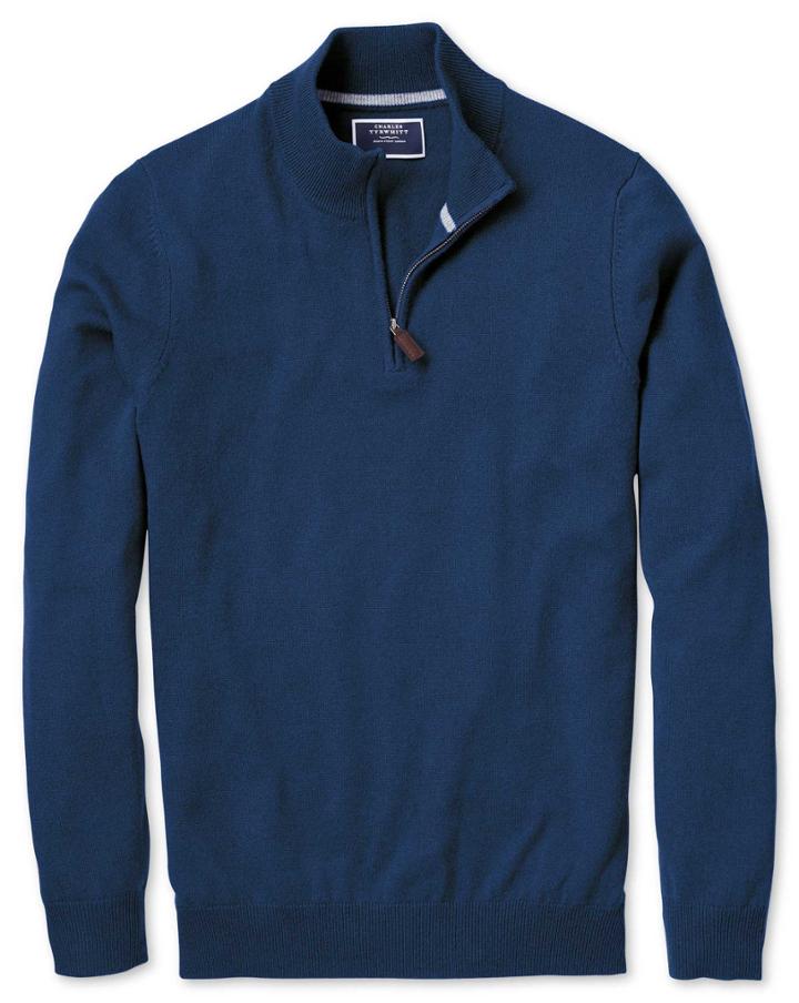  Blue Zip Neck Cashmere Sweater Size Medium By Charles Tyrwhitt