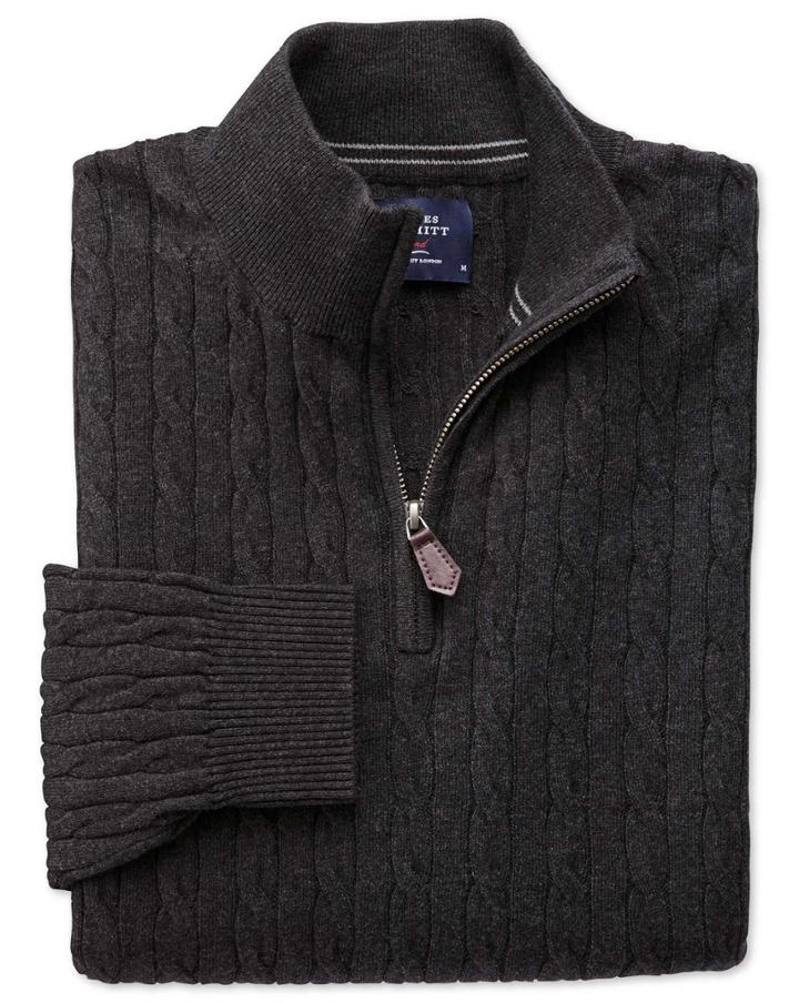 Charles Tyrwhitt Charcoal Cotton Cashmere Cable Zip Neck Cotton/cashmere Sweater Size Large By Charles Tyrwhitt