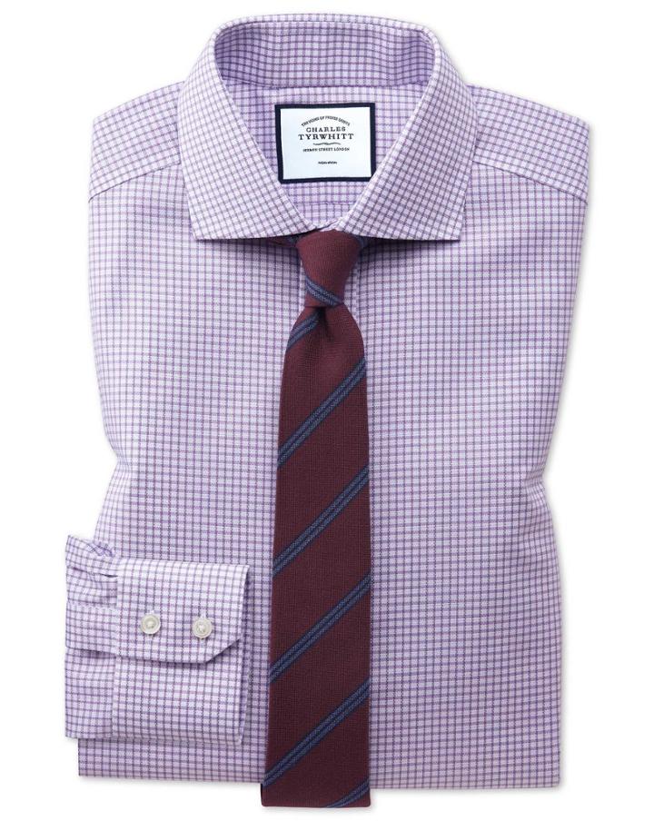  Extra Slim Fit Non-iron Spread Collar Lilac Grid Check Oxford Stretch Cotton Dress Shirt Single Cuff Size 14.5/32 By Charles Tyrwhitt