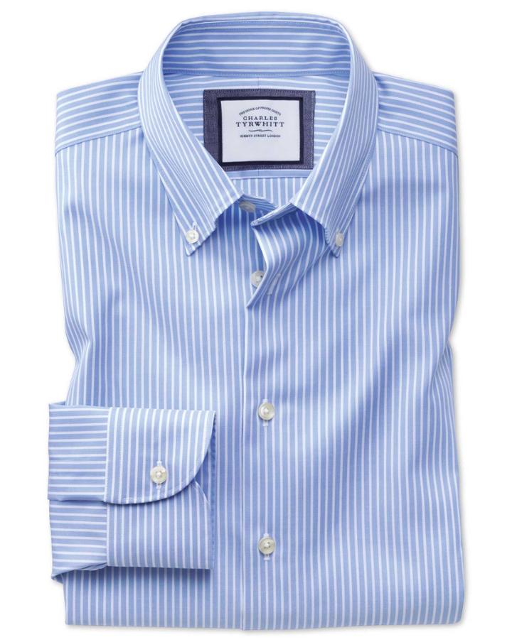Charles Tyrwhitt Slim Fit Button-down Business Casual Non-iron Sky Blue And White Stripe Cotton Dress Shirt Single Cuff Size 14.5/32 By Charles Tyrwhitt