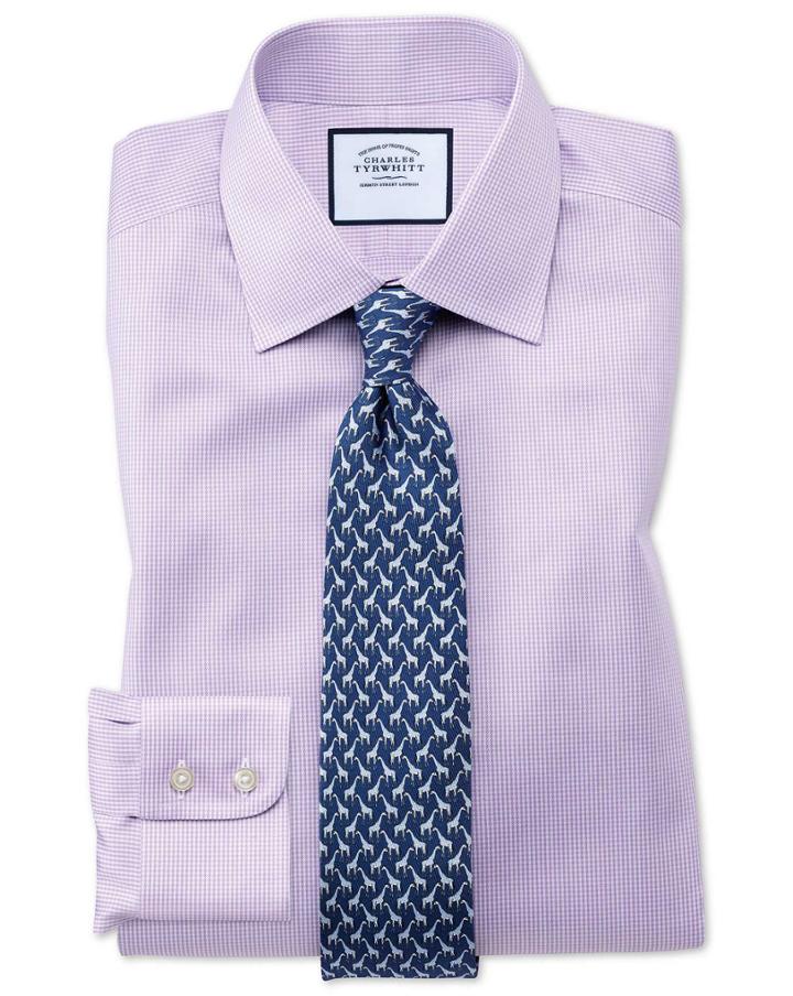  Slim Fit Non-iron Lilac Puppytooth Cotton Dress Shirt French Cuff Size 14.5/33 By Charles Tyrwhitt