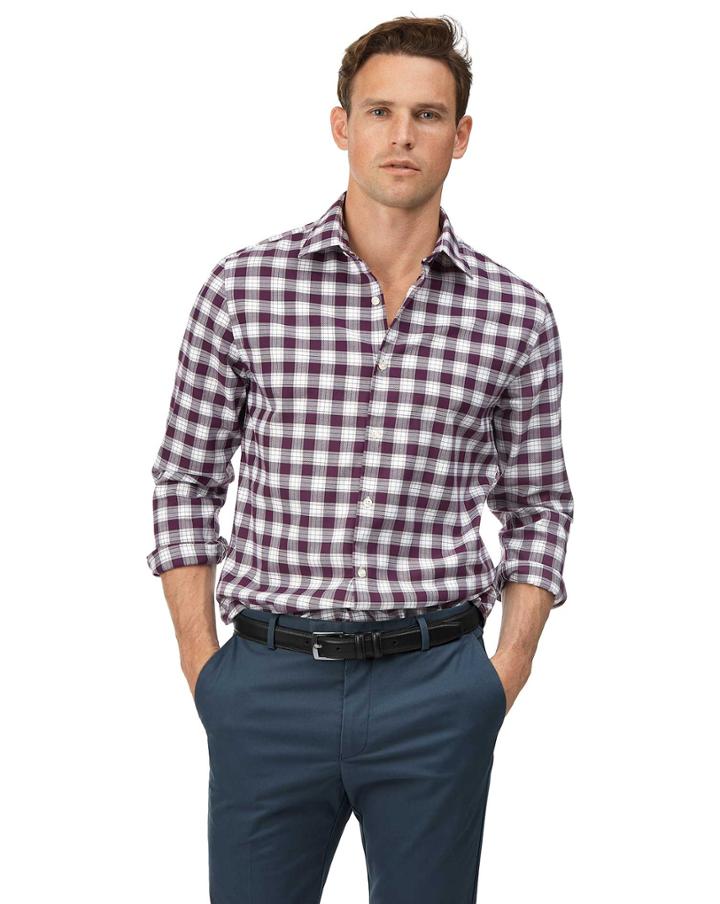  Extra Slim Fit Berry And White Check Soft Wash Non-iron Stretch Oxford Cotton Casual Shirt Single Cuff Size Small By Charles Tyrwhitt