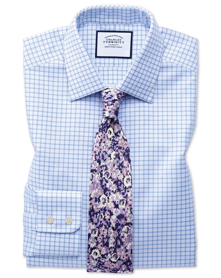  Classic Fit Egyptian Cotton Royal Oxford Sky Blue Check Dress Shirt Single Cuff Size 15.5/33 By Charles Tyrwhitt