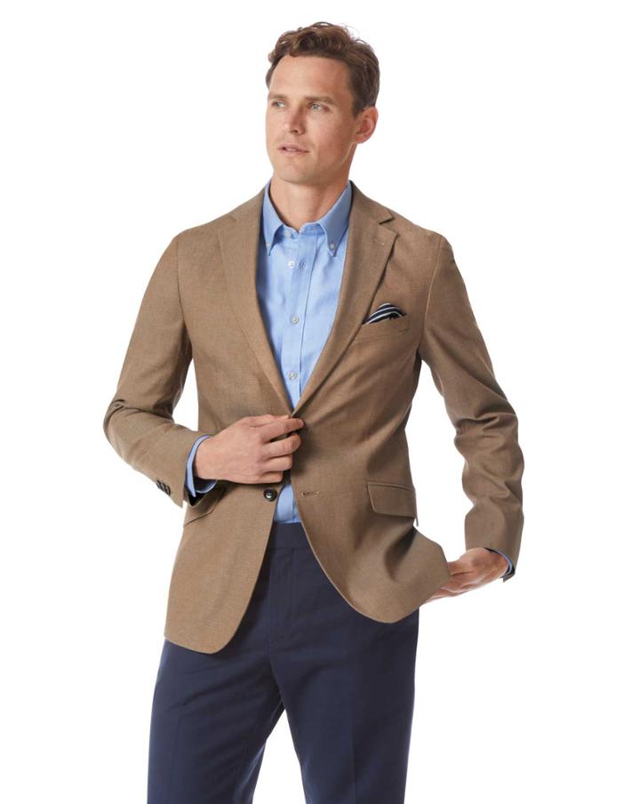 Slim Fit Tan Textured Stretch Cotton Cotton Jacket Size 38 By Charles Tyrwhitt