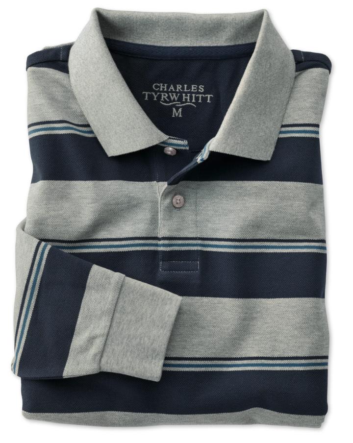 Charles Tyrwhitt Charles Tyrwhitt Classic Fit Navy And Grey Striped Pique Long Sleeve Polo