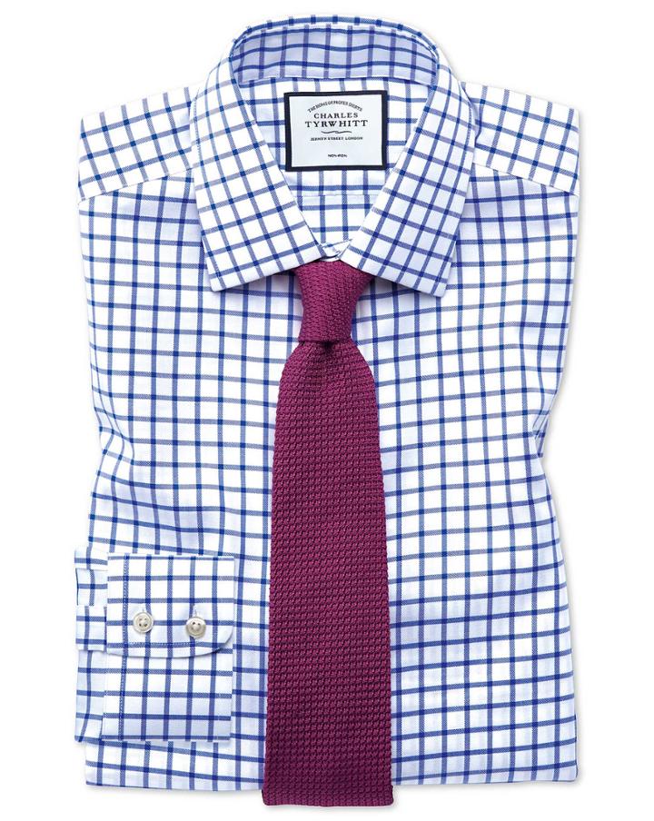  Slim Fit Non-iron Royal Blue Grid Check Twill Cotton Dress Shirt Single Cuff Size 14.5/32 By Charles Tyrwhitt