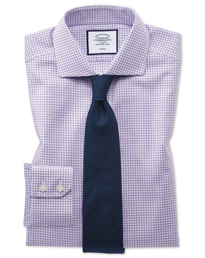  Slim Fit Non-iron Lilac Grid Check Oxford Stretch Cotton Dress Shirt Single Cuff Size 15/33 By Charles Tyrwhitt