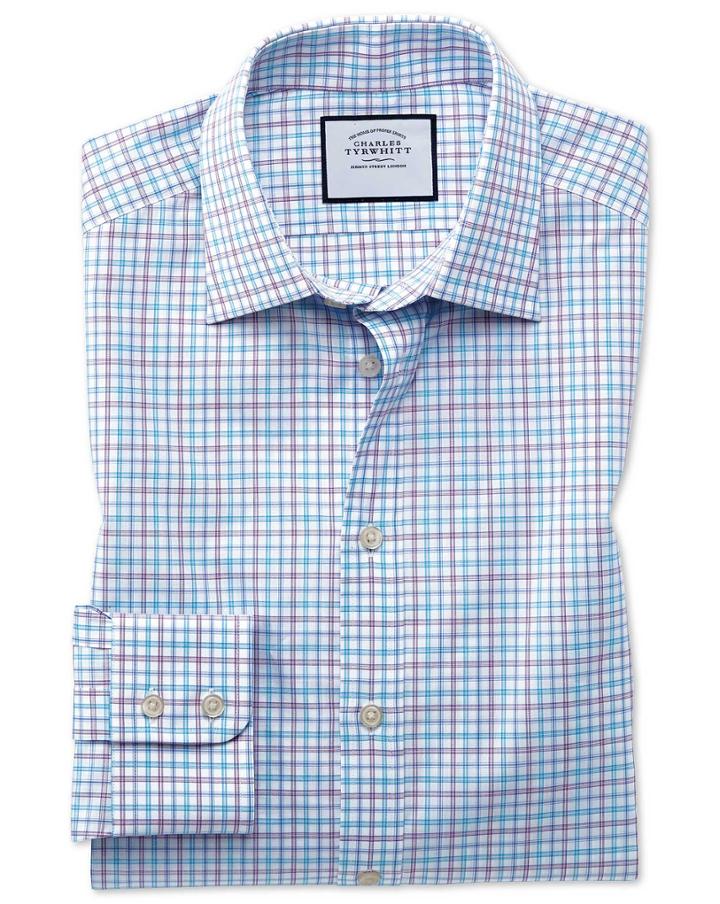  Slim Fit Egyptian Cotton Poplin Check Purple And Aqua Dress Shirt Single Cuff Size 14.5/33 By Charles Tyrwhitt