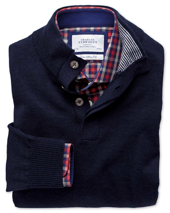 Charles Tyrwhitt Charles Tyrwhitt Navy Button Neck Merino Wool Sweater Size Large