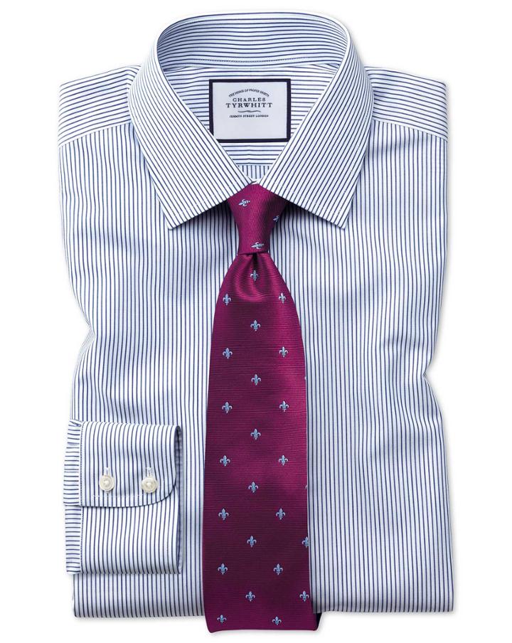  Slim Fit Non-iron Stripe Navy Blue Cotton Dress Shirt Single Cuff Size 16.5/34 By Charles Tyrwhitt