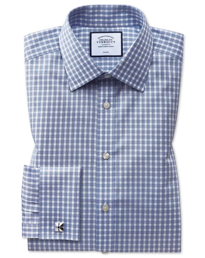  Classic Fit Non-iron Twill Gingham Blue Cotton Dress Shirt Single Cuff Size 15/33 By Charles Tyrwhitt