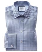  Classic Fit Non-iron Twill Gingham Blue Cotton Dress Shirt Single Cuff Size 15/33 By Charles Tyrwhitt