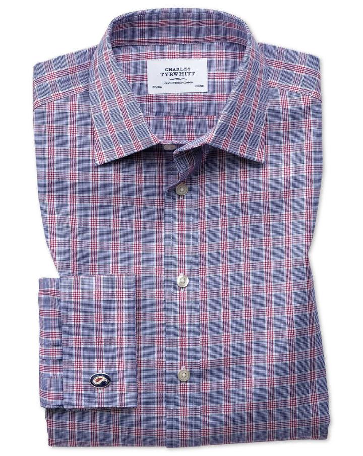 Charles Tyrwhitt Slim Fit Non-iron Prince Of Wales Berry And Navy Blue Cotton Dress Shirt French Cuff Size 14.5/33 By Charles Tyrwhitt