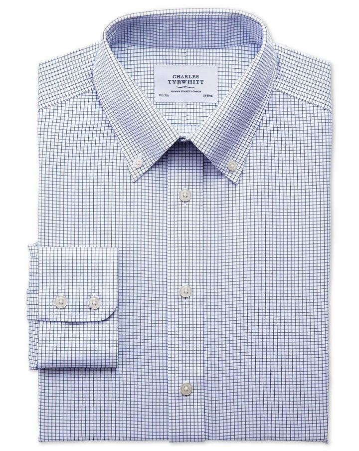 Charles Tyrwhitt Charles Tyrwhitt Classic Fit Button Down Non-iron Twill Grid Check Navy Cotton Dress Shirt Size 15/34