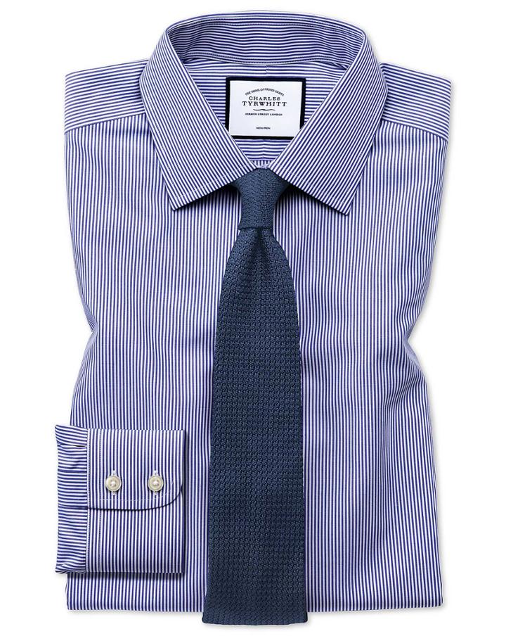  Slim Fit Non-iron Navy Bengal Stripe Cotton Dress Shirt Single Cuff Size 14.5/32 By Charles Tyrwhitt