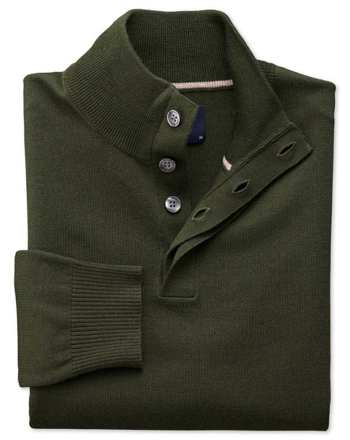 Charles Tyrwhitt Dark Green Merino Wool Button Neck Sweater Size Medium By Charles Tyrwhitt