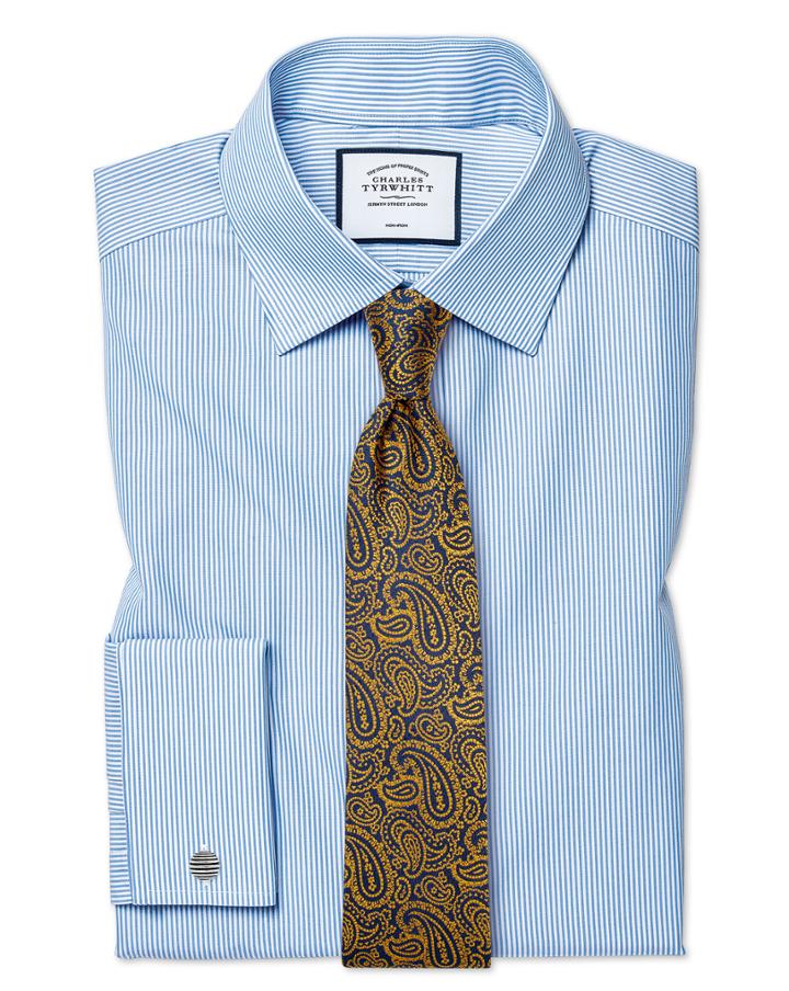  Classic Fit Non-iron Sky Blue Bengal Stripe Cotton Dress Shirt Single Cuff Size 15/33 By Charles Tyrwhitt