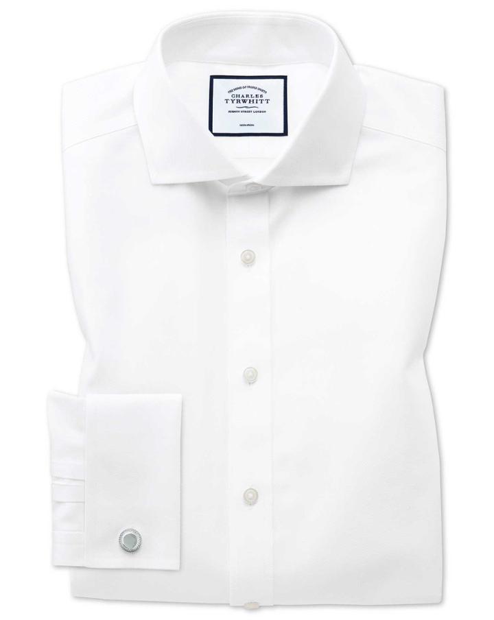  Extra Slim Fit Spread Collar Non-iron Herringbone White Cotton Dress Shirt Single Cuff Size 14.5/32 By Charles Tyrwhitt