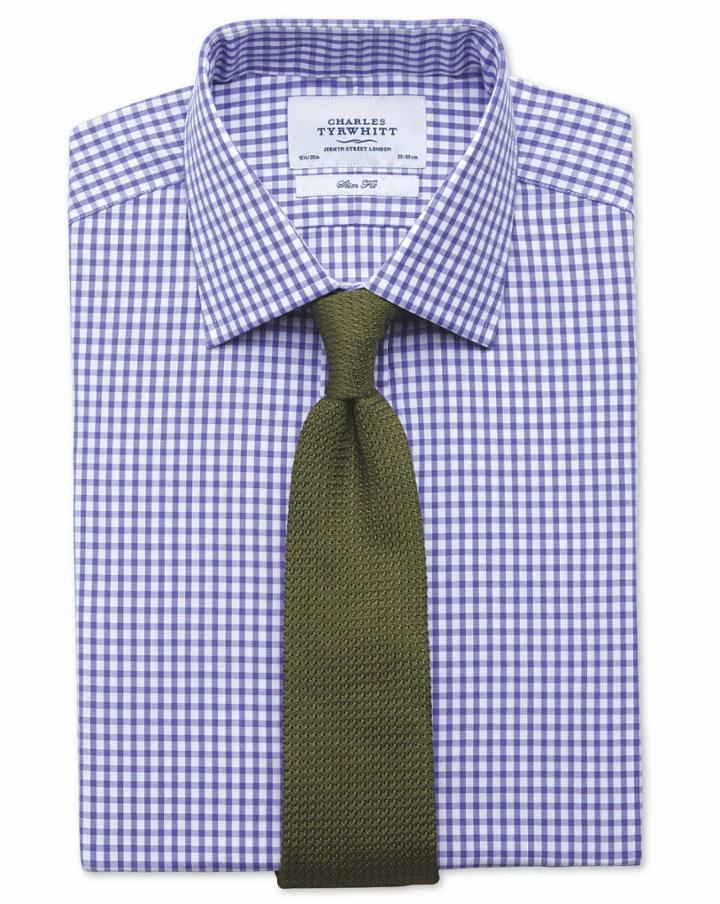 Charles Tyrwhitt Slim Fit Gingham Purple Cotton Dress Casual Shirt French Cuff Size 14.5/33 By Charles Tyrwhitt