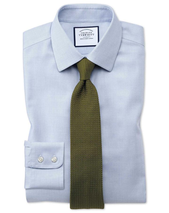 Charles Tyrwhitt Classic Fit Non-iron Step Weave Mid Blue Cotton Dress Shirt French Cuff Size 15/33 By Charles Tyrwhitt