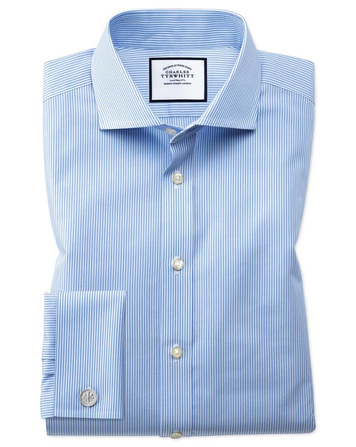 Charles Tyrwhitt Extra Slim Fit Spread Collar Non-iron Bengal Stripe Sky Blue Cotton Dress Shirt French Cuff Size 14.5/32 By Charles Tyrwhitt