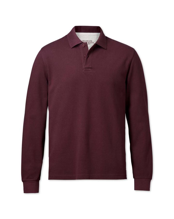 Charles Tyrwhitt Charles Tyrwhitt Classic Fit Burgundy Pique Long Sleeve Polo
