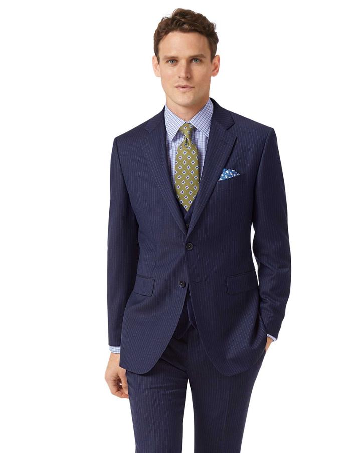  Blue Slim Fit Twill Stripe Business Suit Wool Jacket Size 36 By Charles Tyrwhitt