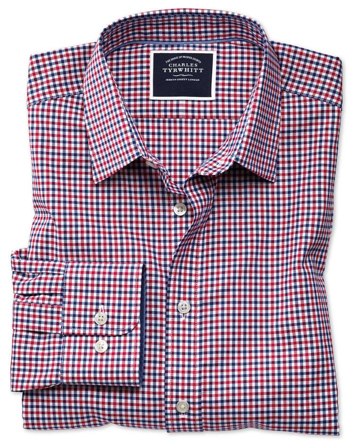 Classic Fit Non-iron Red And Navy Gingham Oxford Cotton Casual Shirt Single Cuff Size Medium By Charles Tyrwhitt