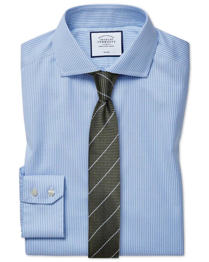 Slim Fit Cutaway Collar Non-iron Cotton Stretch Oxford Sky Blue Stripe Dress Shirt Single Cuff Size 14.5/32 By Charles Tyrwhitt